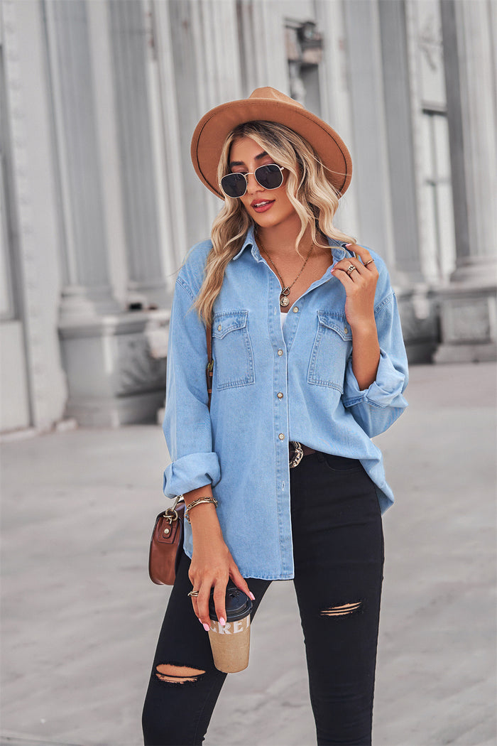 Collared Neck Dropped Shoulder Button-Up Top