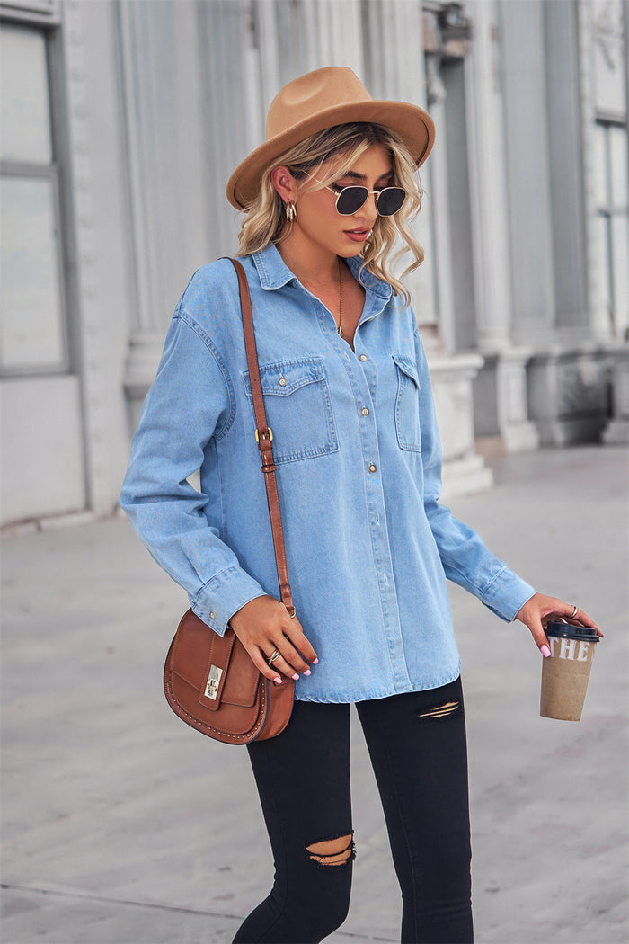 Collared Neck Dropped Shoulder Button-Up Top