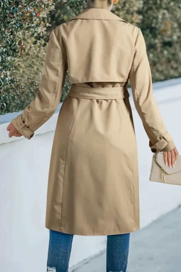 Collared Neck Tie Waist Buttoned Long Sleeve Trench Coat - The PM Edit