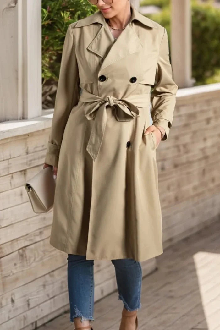 Collared Neck Tie Waist Buttoned Long Sleeve Trench Coat - The PM Edit