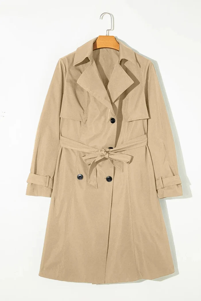 Collared Neck Tie Waist Buttoned Long Sleeve Trench Coat - The PM Edit