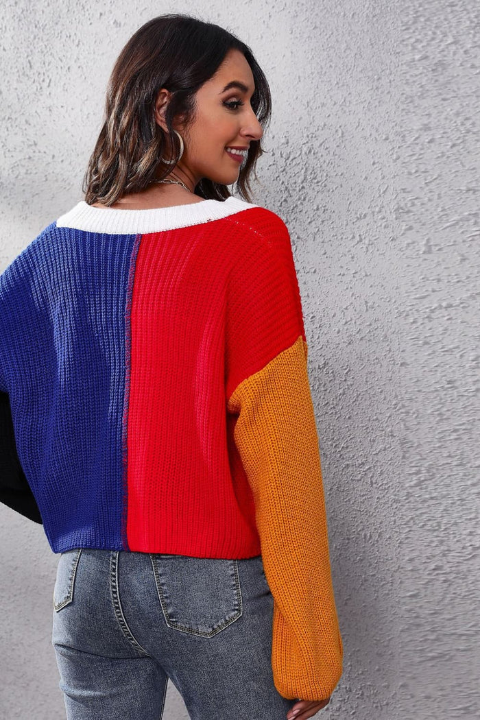 Color Block Ribbed Plunge Neck Cardigan