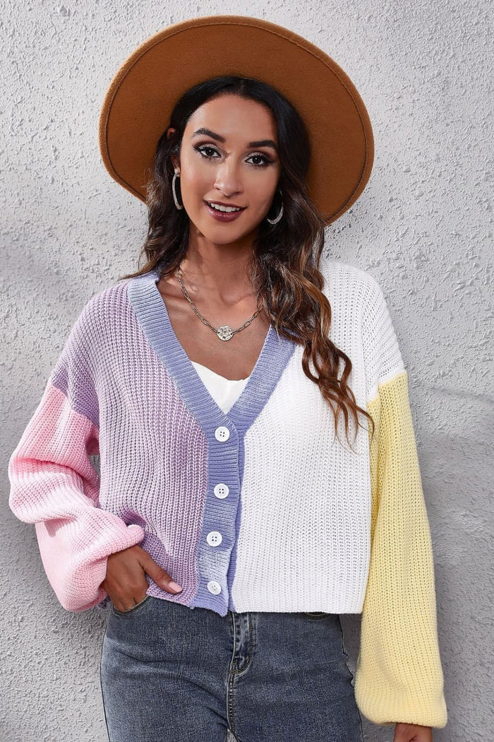 Color Block Ribbed Plunge Neck Cardigan