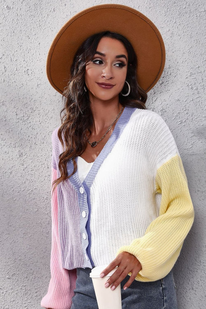 Color Block Ribbed Plunge Neck Cardigan