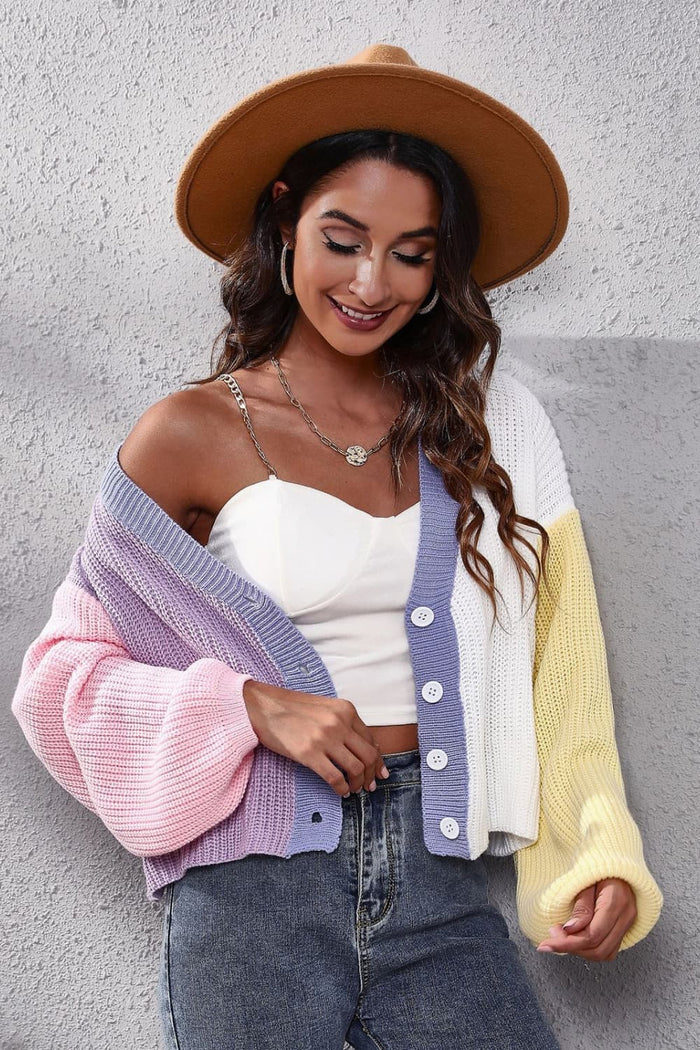 Color Block Ribbed Plunge Neck Cardigan
