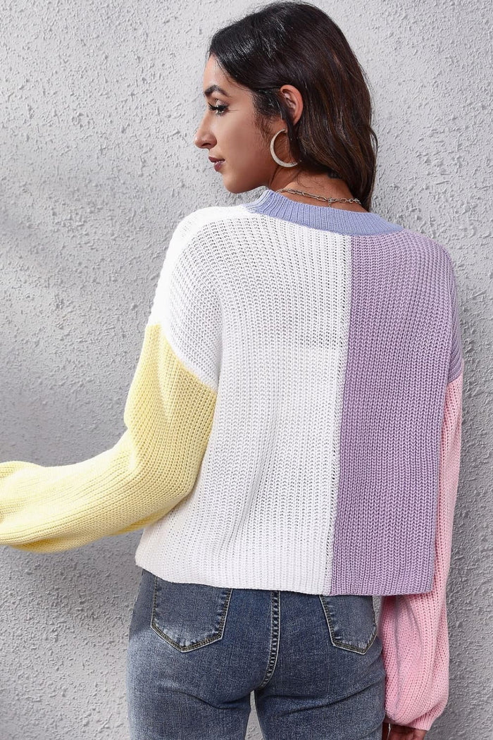 Color Block Ribbed Plunge Neck Cardigan