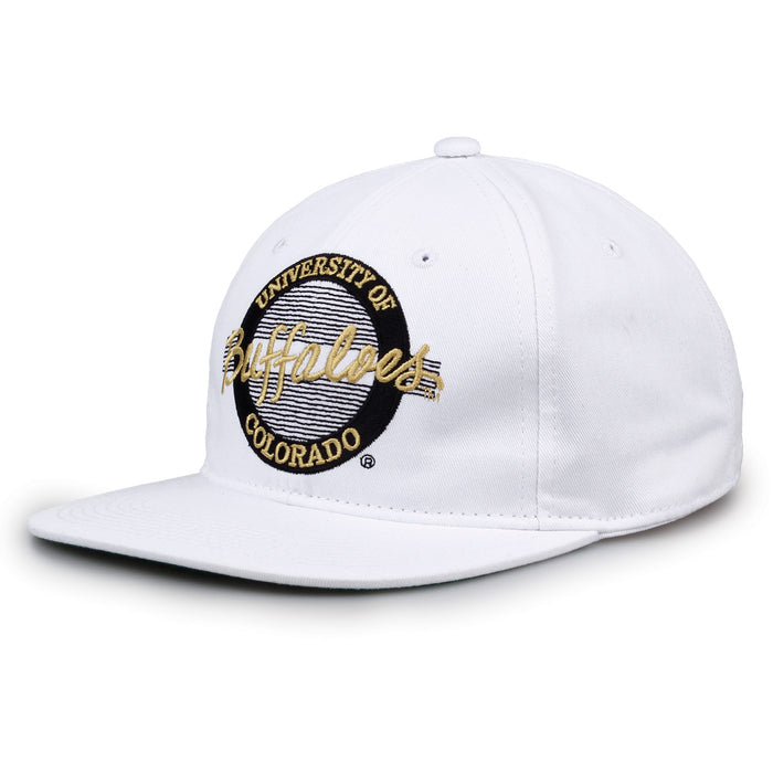 Colorado Retro Circle snapback hat in white, angled view