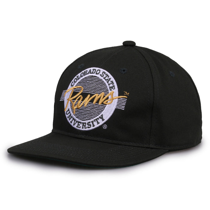 Colorado State Retro Circle snapback hat in dark green, angled view
