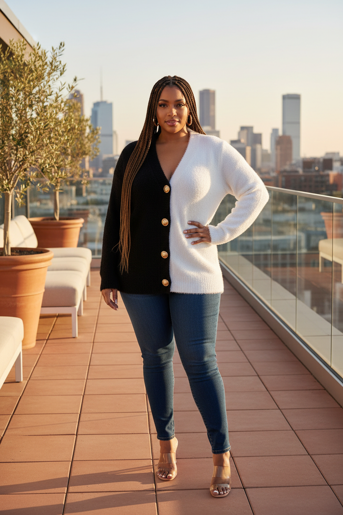 Black White Split Cardigan Plus