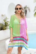 Contrast Openwork Half Sleeve Scoop Neck Cover-Up