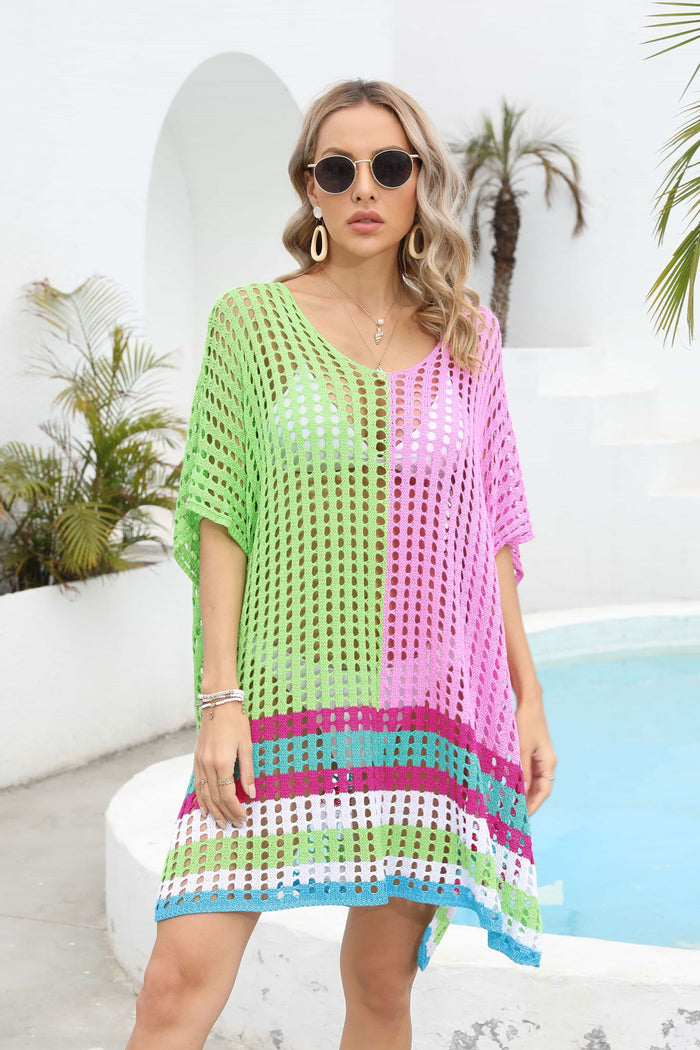 Contrast Openwork Half Sleeve Scoop Neck Cover-Up