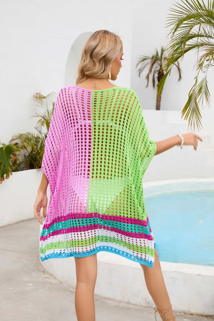 Contrast Openwork Half Sleeve Scoop Neck Cover-Up