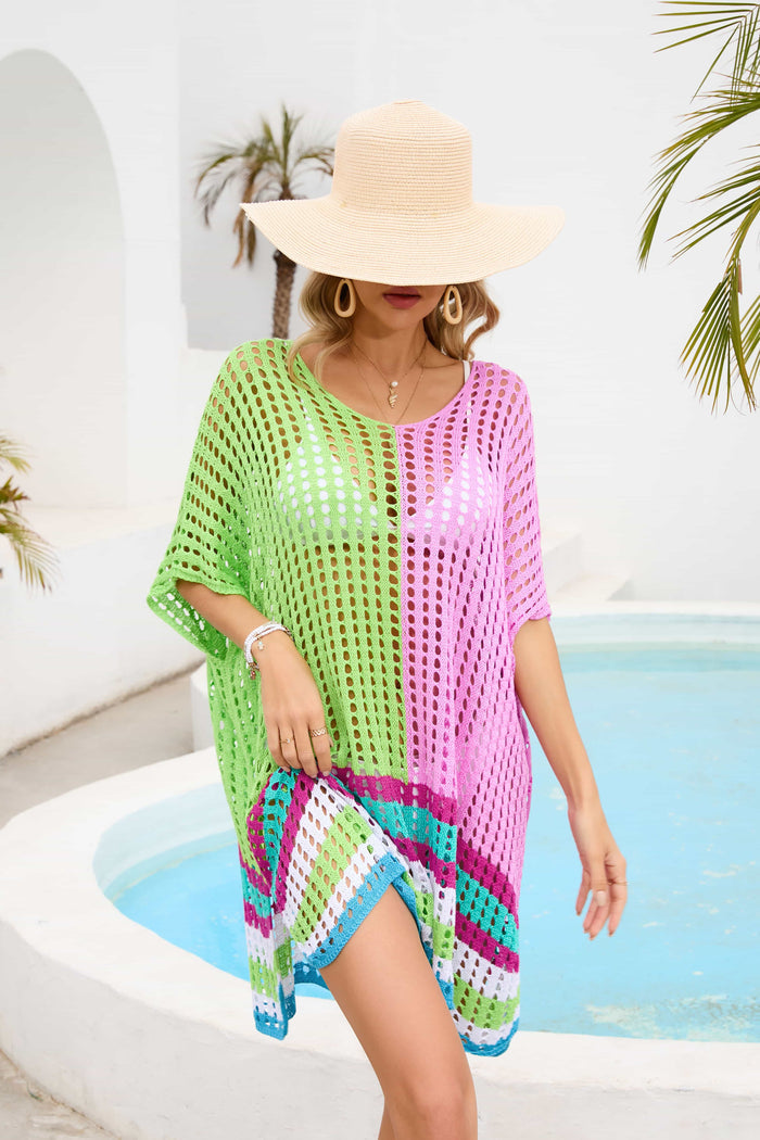 Contrast Openwork Half Sleeve Scoop Neck Cover-Up