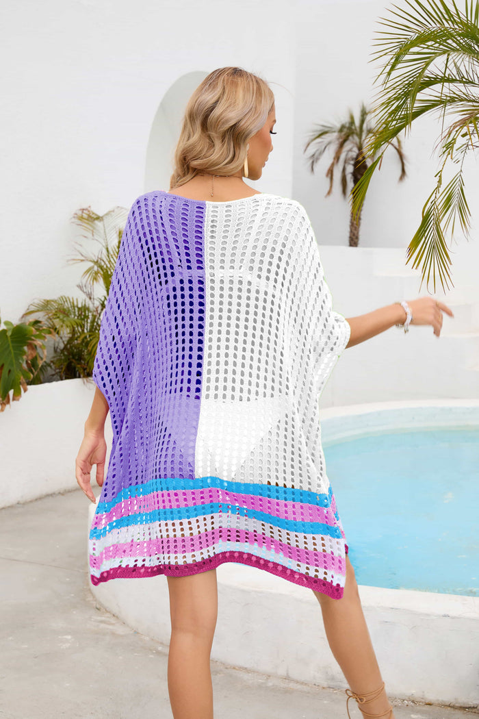 Contrast Openwork Half Sleeve Scoop Neck Cover-Up