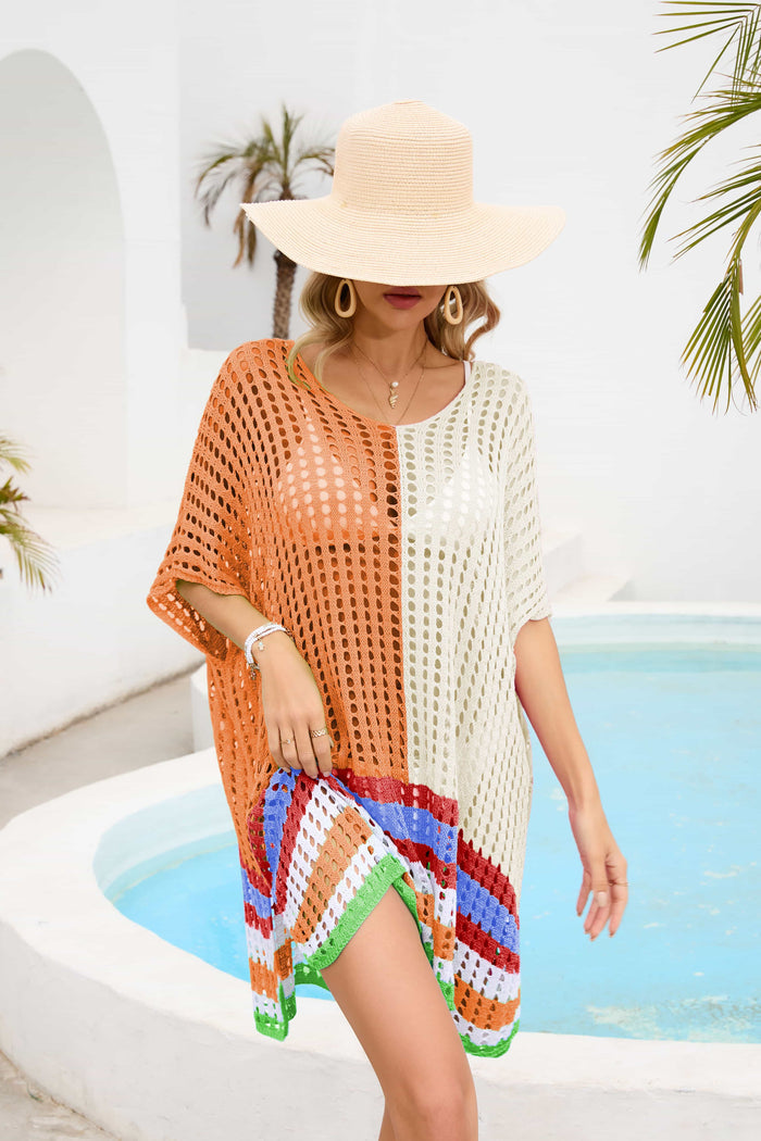 Contrast Openwork Half Sleeve Scoop Neck Cover-Up