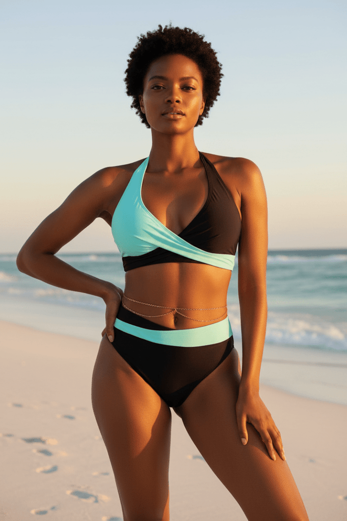 Crossover Wrap Halter Bikini Set | Color - Block High Waist Two - Piece - The PM Edit