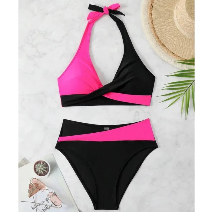 Crossover Wrap Halter Bikini Set | Color - Block High Waist Two - Piece - The PM Edit