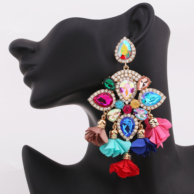 Crystal Bloom Tassel Drop Earrings | Rhinestone Flower Statement Earrings