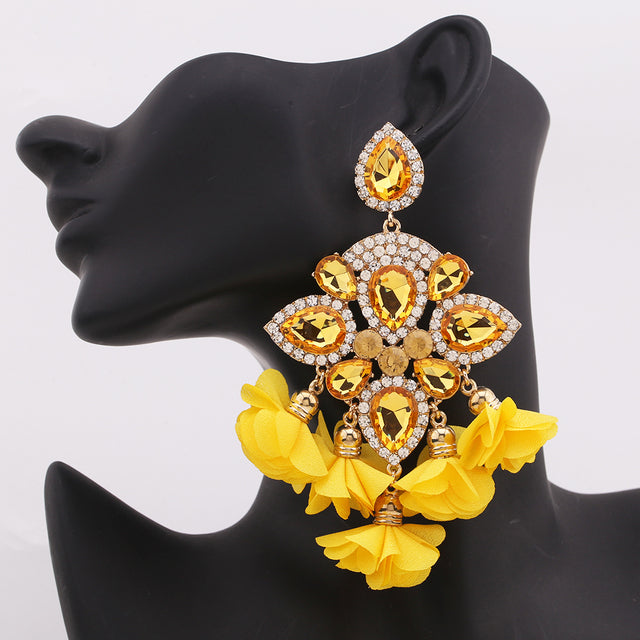 Crystal Bloom Tassel Drop Earrings | Rhinestone Flower Statement Earrings