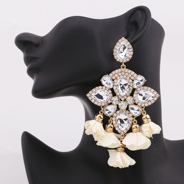 Crystal Bloom Tassel Drop Earrings | Rhinestone Flower Statement Earrings