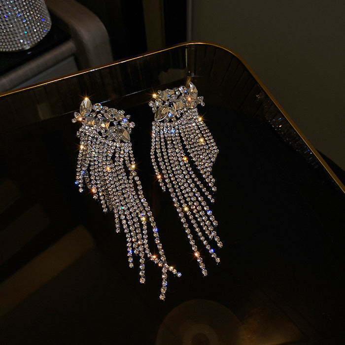 Crystal Cluster Tassel Fringe Drop Earrings | Marquise Rhinestone Statement Earrings