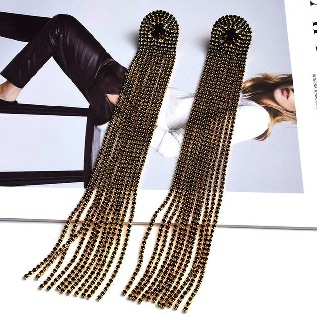 Crystal Curtain Tassel Drop Earrings | Ultra-Long Rhinestone Chain Fringe Earrings