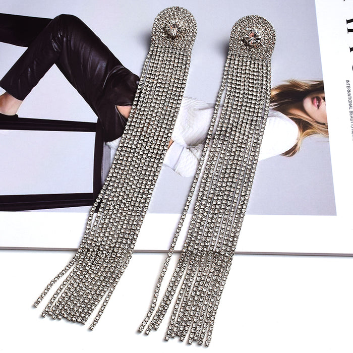 Crystal Curtain Tassel Drop Earrings | Ultra-Long Rhinestone Chain Fringe Earrings