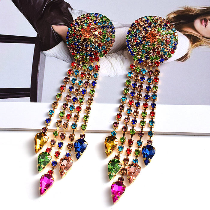 Crystal Disc Tassel Drop Earrings | Rhinestone Round Top with Marquise Fringe