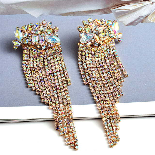 Crystal Floral Cluster Curtain Tassel Earrings | Marquise Rhinestone Chain Drop Earrings