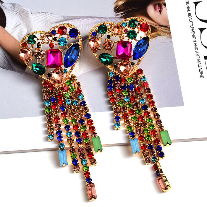 Crystal Heart Tassel Fringe Drop Earrings | Statement Rhinestone Chain Earrings
