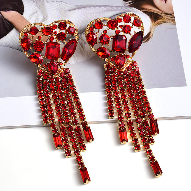 Crystal Heart Tassel Fringe Drop Earrings | Statement Rhinestone Chain Earrings