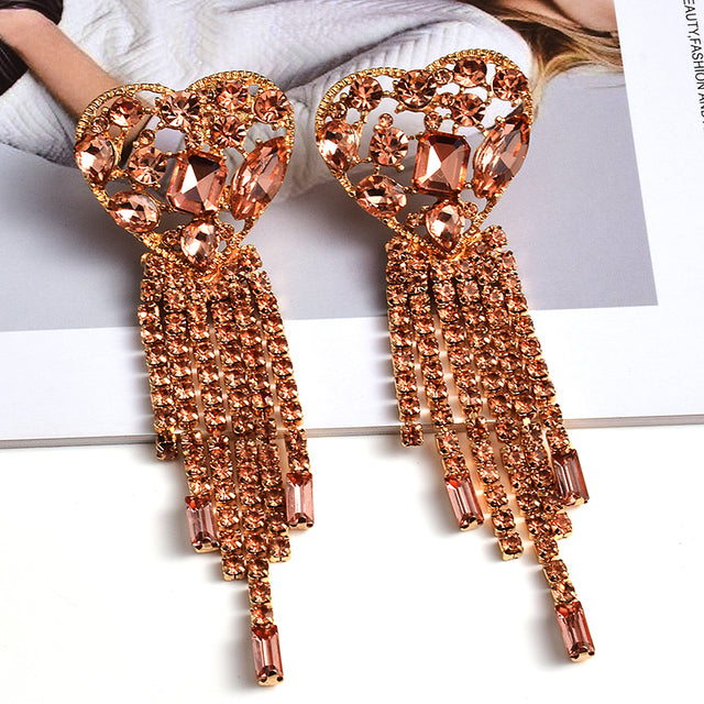 Crystal Heart Tassel Fringe Drop Earrings | Statement Rhinestone Chain Earrings