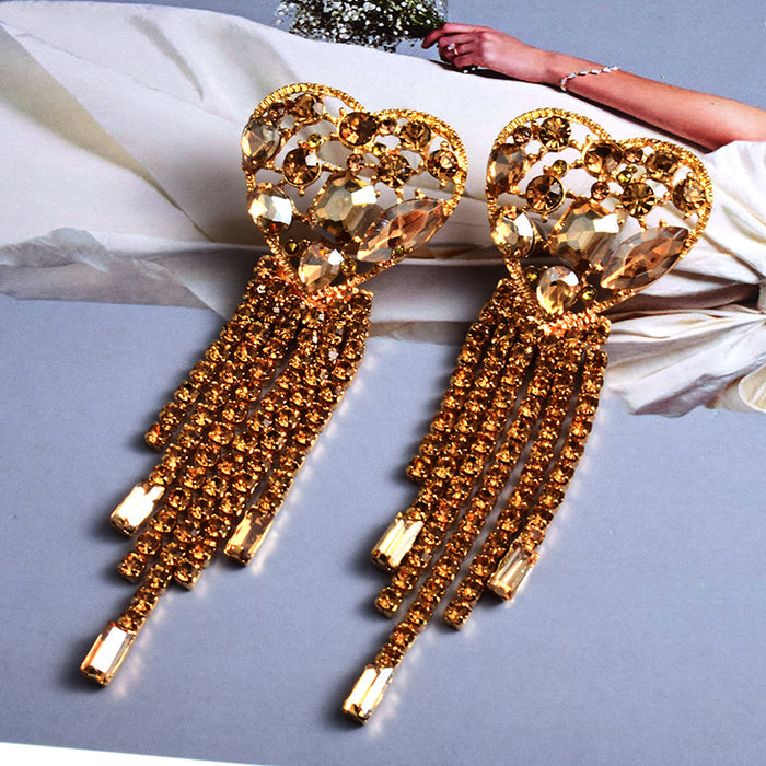 Crystal Heart Tassel Fringe Drop Earrings | Statement Rhinestone Chain Earrings