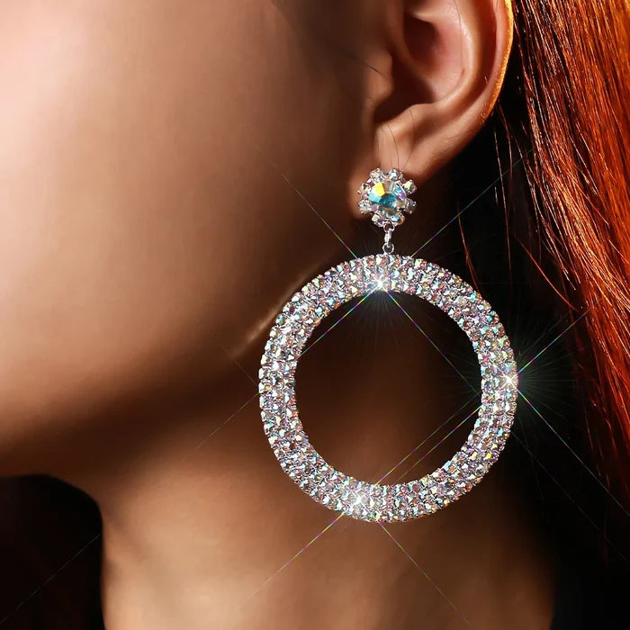Crystal Oversized Circle Drop Earrings | Rhinestone Statement Hoop Earrings