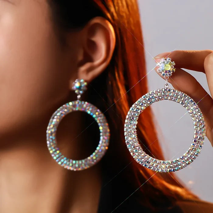 Crystal Oversized Circle Drop Earrings | Rhinestone Statement Hoop Earrings