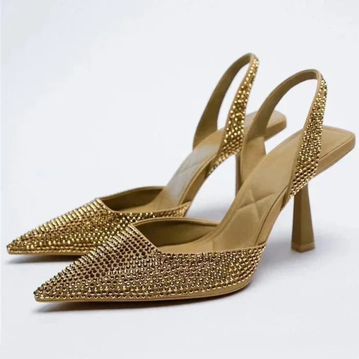 Crystal Rhinestone Slingback Pumps – Pointed Toe High Heels | Black, Gold & Blue - The PM Edit