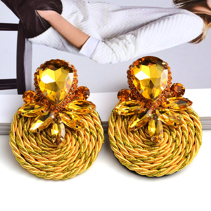 Crystal Rope Disc Drop Earrings | Rhinestone Woven Statement Earrings
