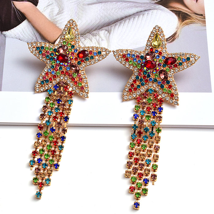 Crystal Star Tassel Drop Earrings — Multicolor Rhinestone Fringe