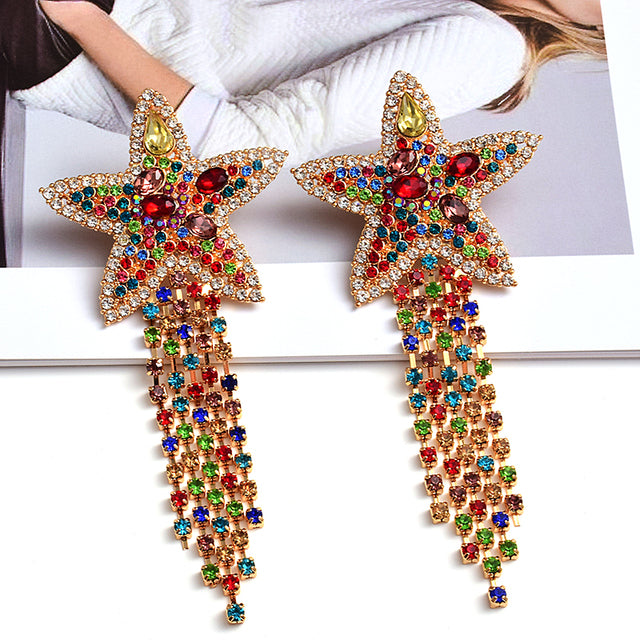 Crystal Star Tassel Drop Earrings — Multicolor Rhinestone Fringe