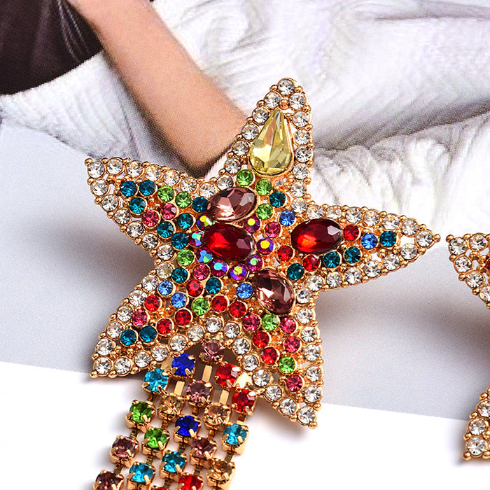 Crystal Star Tassel Drop Earrings — Multicolor Rhinestone Fringe