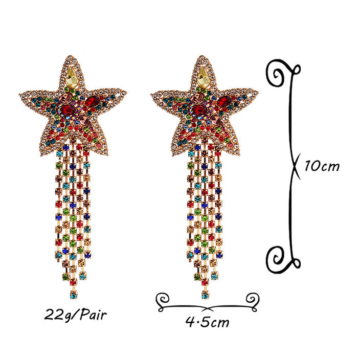 Crystal Star Tassel Drop Earrings — Multicolor Rhinestone Fringe