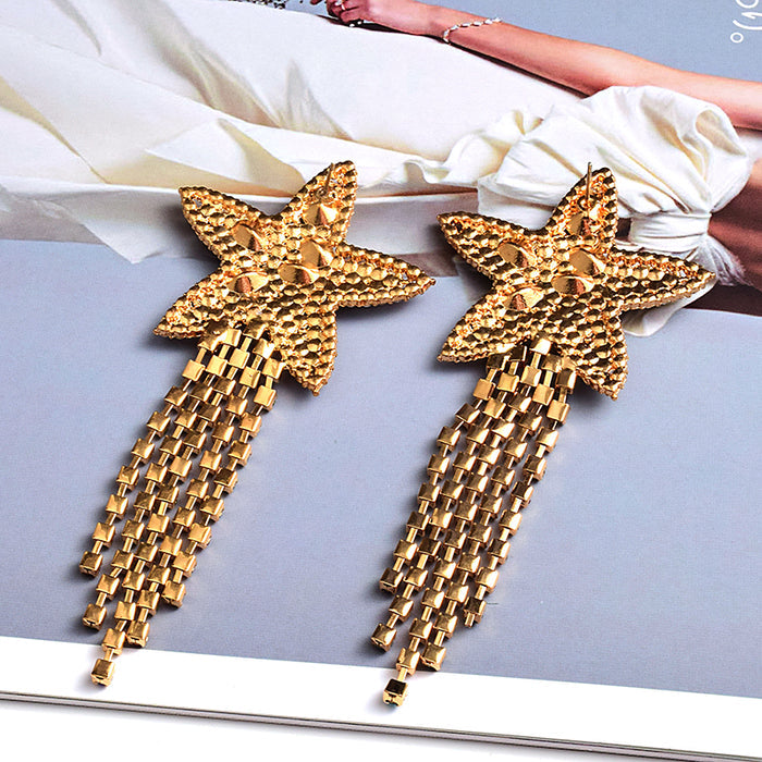 Crystal Star Tassel Drop Earrings — Multicolor Rhinestone Fringe
