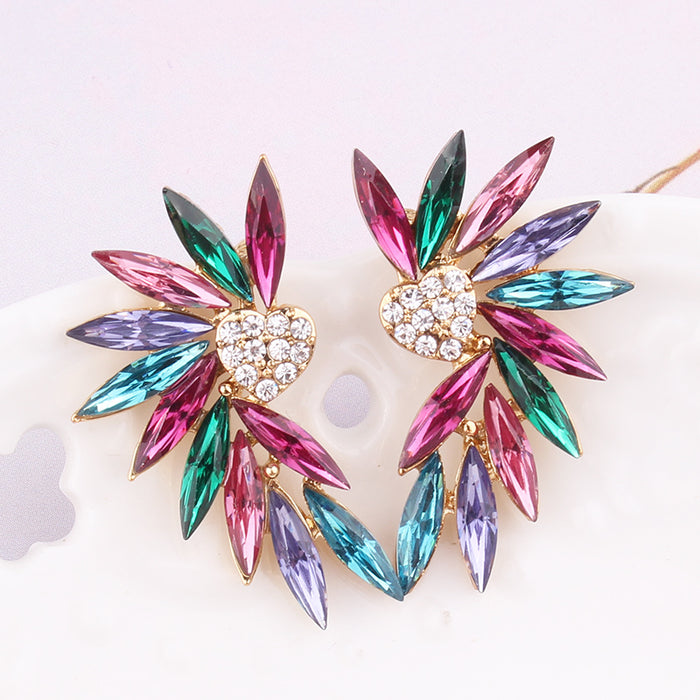 Crystal Wing Heart Stud Earrings | Marquise Stone Fan Ear Studs