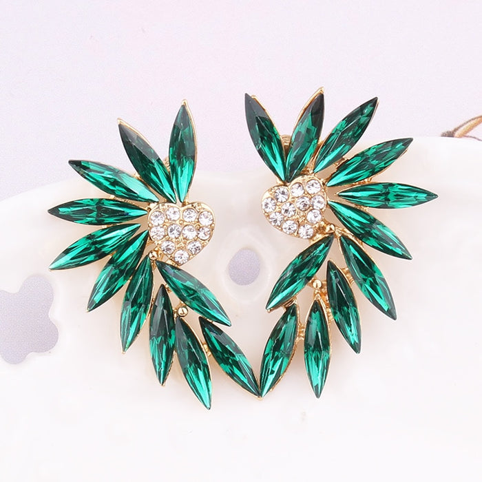 Crystal Wing Heart Stud Earrings | Marquise Stone Fan Ear Studs