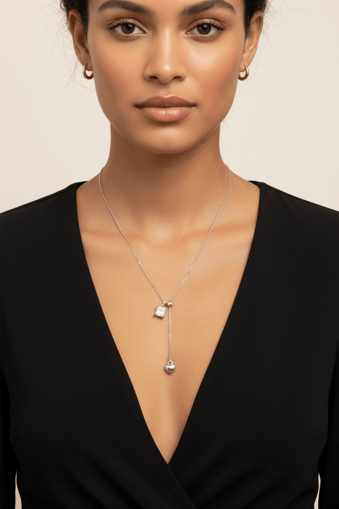 CZ Heart Tassel Necklace – Stainless Steel PVD Plated | Silver & Gold - The PM Edit