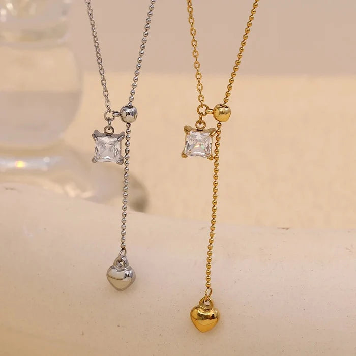 CZ Heart Tassel Necklace – Stainless Steel PVD Plated | Silver & Gold - The PM Edit