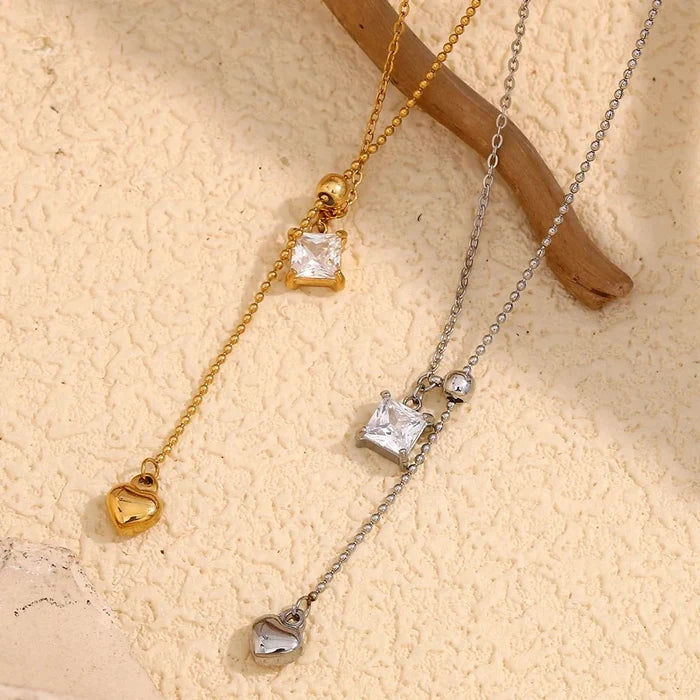 CZ Heart Tassel Necklace – Stainless Steel PVD Plated | Silver & Gold - The PM Edit