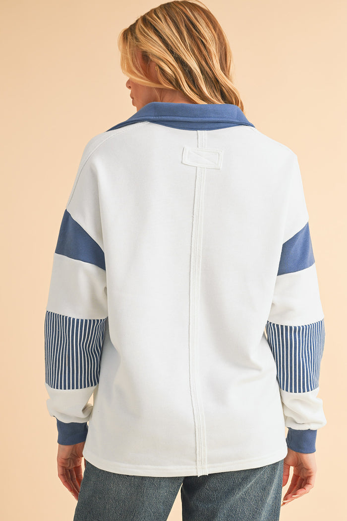 Dark Blue Striped Patchwork Collar Sweatshirt