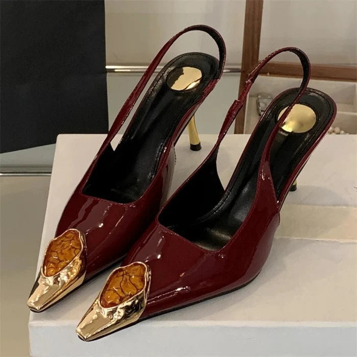 Diamond Inlay Pointed Toe Slingback Heels - The PM Edit