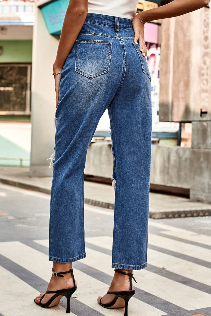 Distressed Buttoned Cropped Pants with Pockets